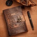 A5 HANDMADE LEATHER JOURNAL, Leather Notepad, Bronze Lock Journal, Poetry Leather Book, Travel Journal Book, Embossed Leather 