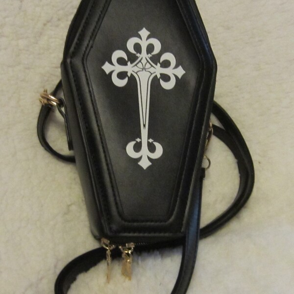 Coffin Purse Vampire Purse Goth Purse Cross Body Shoulder Bag Women's Girl's Faux Leather Black Coffin White Gothic Cross on Front Two Zips
