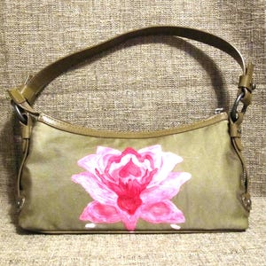 Bag Hand Bag Top Handle Bag Purse Original Design Hand Painted Purse OXOXO Bag Ladies Tan Purse Pink Flower on One Side Round Designs