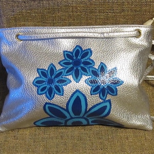 Bag Hand Painted Purse Silver Shoulder Bag Cross Body Purse Hand Painted Blue Flowers Rhinestones Shoulder Bag Removable Strap Gift Bag