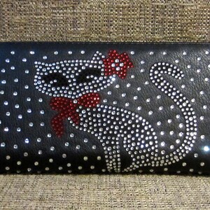 Cartera con forma de gato Cartera con forma de gato con joyas Cartera con cremallera alrededor Cartera negra para mujer Cartera para amantes de los gatos