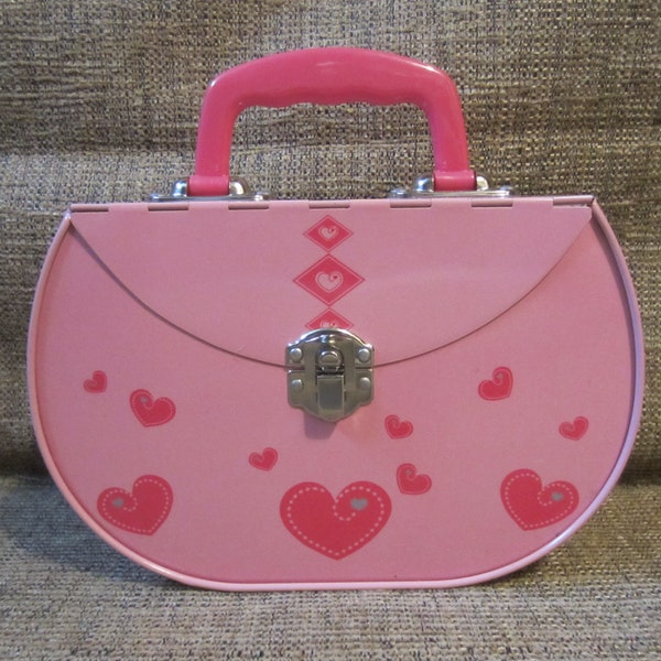 Metal Purse Small Metal Lunch Box Girl's Lunchbox Women Pink with Red Hearts Vintage Retro Work School Metal Hand Bag Carry Bag Portable