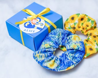 Vincent Van Gogh Sternennacht Malerei Scrunchies mit Box & Namensschild, Haargummis, Accessoires, handgemacht, Geschenk, Pferdeschwanz, Kunst, Farbe!