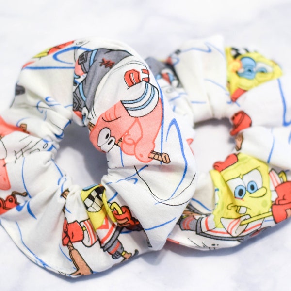 Yellow Sponge Cartoon Scrunchie, Hair Ties, Accessories, Handmade, Gift, Ponytail, Pineapple, Patrick, Squid, Square, Bikini, Vintage Fabric