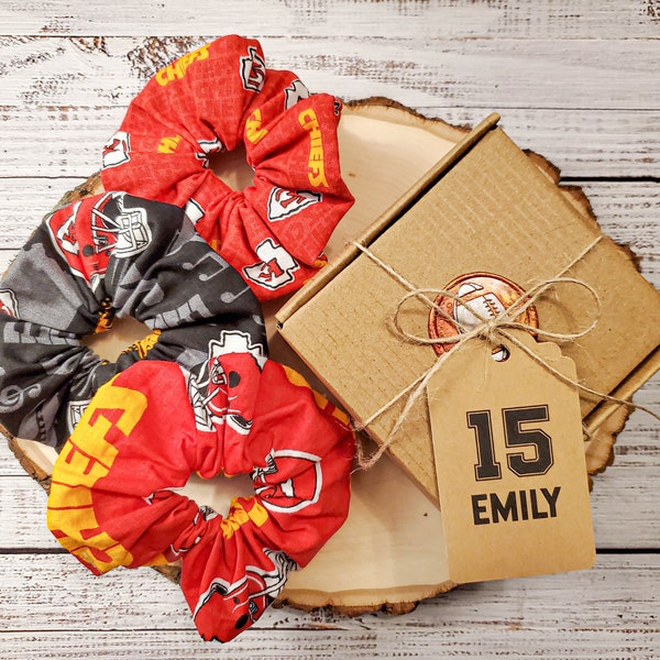 Chiefs Scrunchies with Customized Box ,Hair Ties, Accessories, Handmade, Ponytail, Football, Game, Kansas, Sport, Missouri, Handmade in USA!