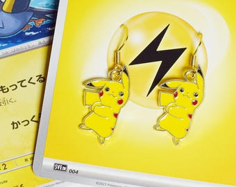 Pika Monster Earrings + 1 Free Card , Ear Accessories, Handmade Gift, Ball, Cosplay, Costume, Battle Game, Gamer, Cartoon Yellow Energy