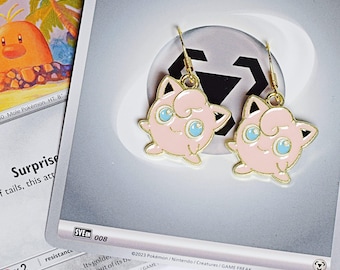 Pink Puffy Monster Earrings + 1 Free Card, Ear Accessories, Handmade Gift, Cosplay, Costume, Battle Poke Card Game, Gamer, Metal Energy