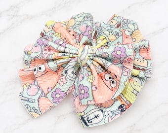 Yellow Sponge Cartoon Scrunchie 5" Bow,  Bows , Hair Accessories, Handmade Gift, Ponytail, Pineapple, Star Fish, Squid, Square, Bikini, Crab