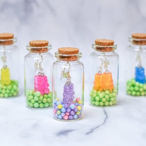 Gummy Bears Earrings with Glass Bottle, Accessories, Handmade, Cute, Candy, Kawaii, Novelty, Gifts, Gummies, Birthday, Bear, Earring, Aretes