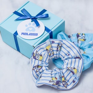 Blue Heeler Dog Kids Cartoon Scrunchies with Box & Custom Name Tag, Hair Tie, Accessories, Gifts, Ponytail, TV Show, Party Favors, Birthday