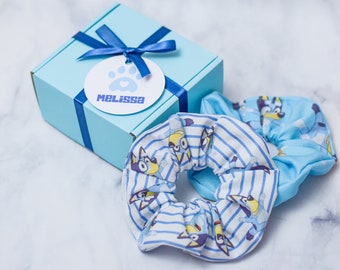 Blue Heeler Dog Kids Cartoon Scrunchies with Box & Custom Name Tag, Hair Tie, Accessories, Gifts, Ponytail, TV Show, Party Favors, Birthday