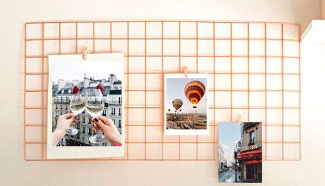 Rose Gold Wire Wall Grid, SHELF, CLIPS, Copper Mood Board, School Photo