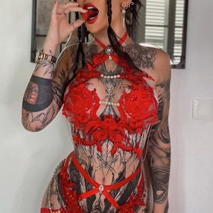 Sexy red and sequin harness set
