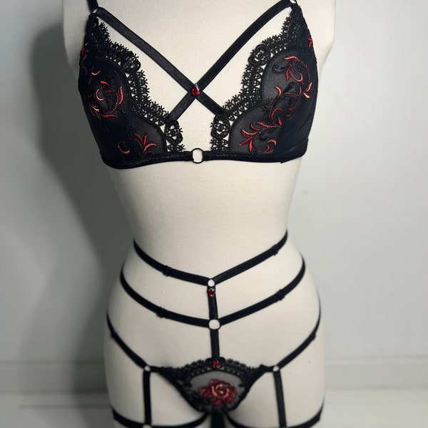 Ensemble de lingerie cage en lycra brillant et dentelle noir et rouge