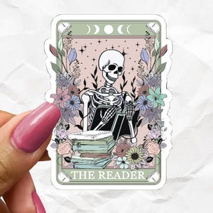 The Reader Bookish Tarot Card in Dusty Rose with Reading Skeleton Cottagecore Fairycore Light Academia