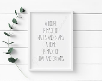 A House Is Made Of Walls And Beams A Home Is Made Of Love And Dreams - Home Print - Text - Typography - Gift - Minimalist - Decor - New Home