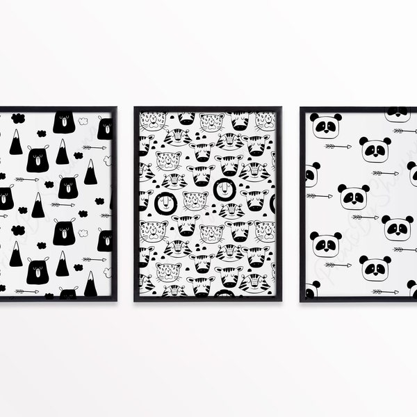 Scandinavian Print - Panda - Bear - Lion - Zebra - Animals - Nursery - Monochrome - Pattern - Black & White - Kids - Children - Playroom
