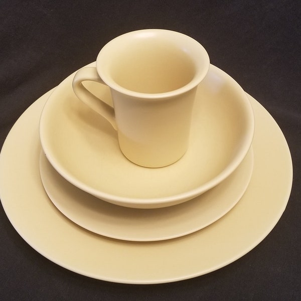 Pale Yellow Earthenware Dish Set - Service for 4 - Dinner Plates, Salad Plates, Bowls, Mugs