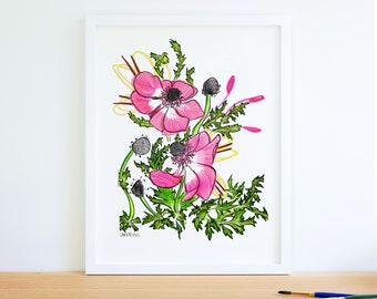 Print flower anenome colourful art drawing colour picture high quality