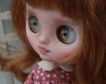 Custom middie Blythe doll, OoAK, brown red middle long hair