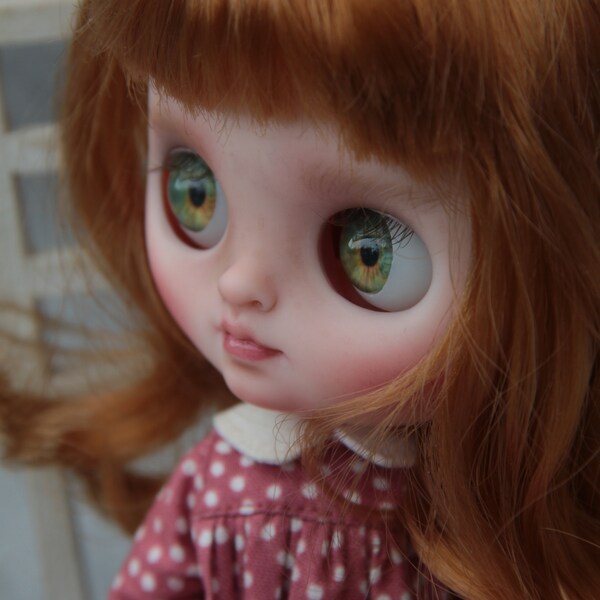 Custom middie Blythe doll, OoAK, brown red middle long hair