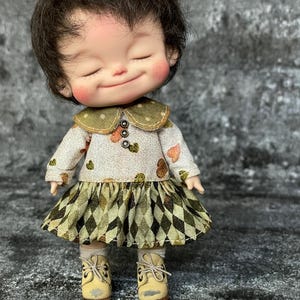 Op de afbeelding: Een pop met kort donkerbruin haar en gesloten ogen, gekleed in een top met lange mouwen met een hartjespatroon, een groene kraag en een rok met een donkergroen en lichtgroen ruitpatroon. De pop draagt lichtbeige veterschoenen.