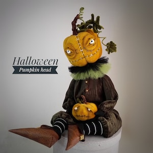 Large Pumpkin head,Creepy halloween doll handmade,Halloween unique gift,Halloween decor
