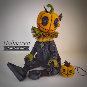 Large Pumpkin head creepy cute doll,Gothic halloween doll handmade,Halloween decor