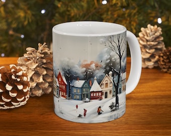 Christmas mug, Winter landscape, Cozy Winter hot drink, Cute Winter Town, Ceramic Mug, Christmas Gift, Cozy Holiday Drinkware