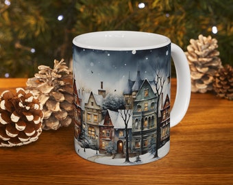 Christmas mug, Winter landscape, Cozy Winter hot drink, Cute Winter Town, Ceramic Mug, Christmas Gift, Cozy Holiday Drinkware