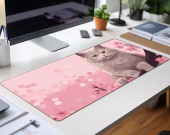 Cute Cat large desk mat, Desk mat Japan, Pink desk mat, Cute cat mouse pad, Pink mouse pad, Cute animal mouse pad, Sakura flowers desk mat