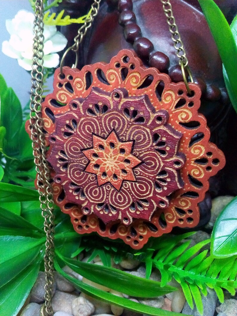 Mandala Bali Wood Mandala Necklace Laser Cut Necklace Pendant Boho Style Geometric Wood Art Flower Necklace