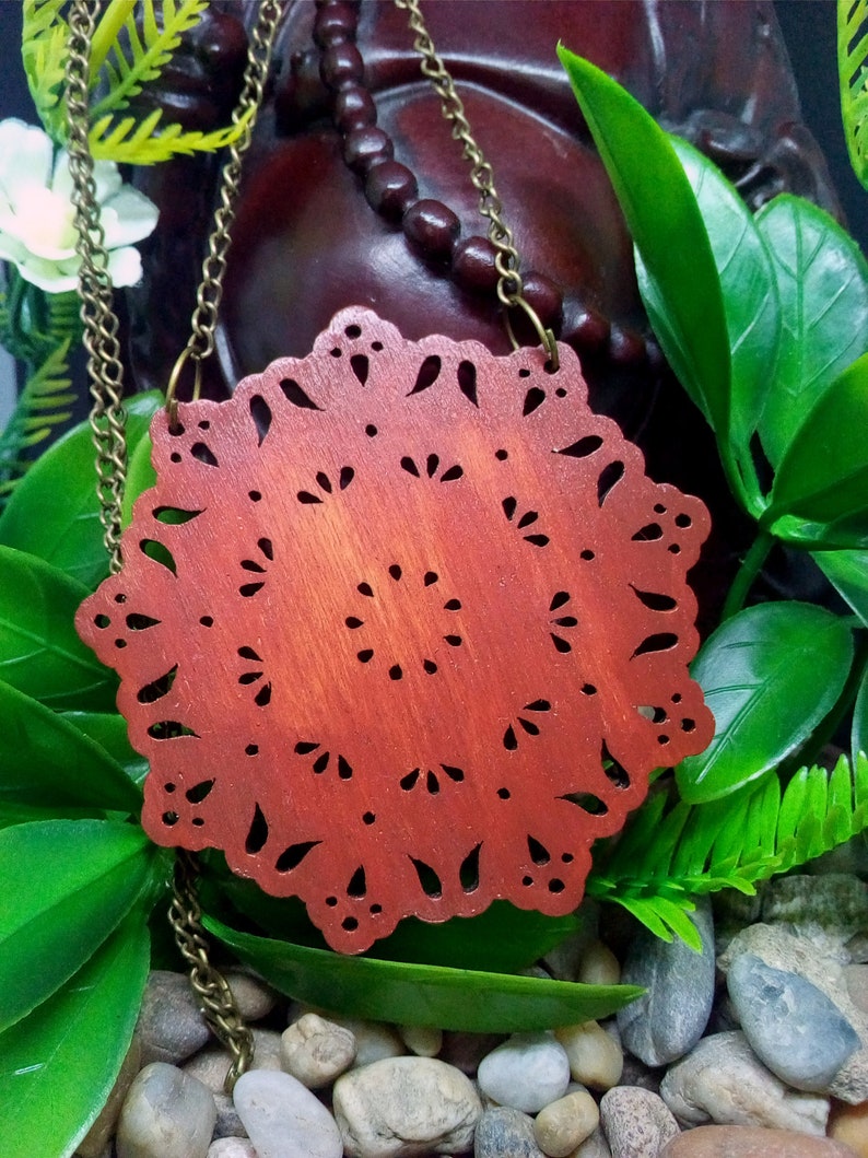Mandala Bali Wood Mandala Necklace Laser Cut Necklace Pendant Boho Style Geometric Wood Art Flower Necklace