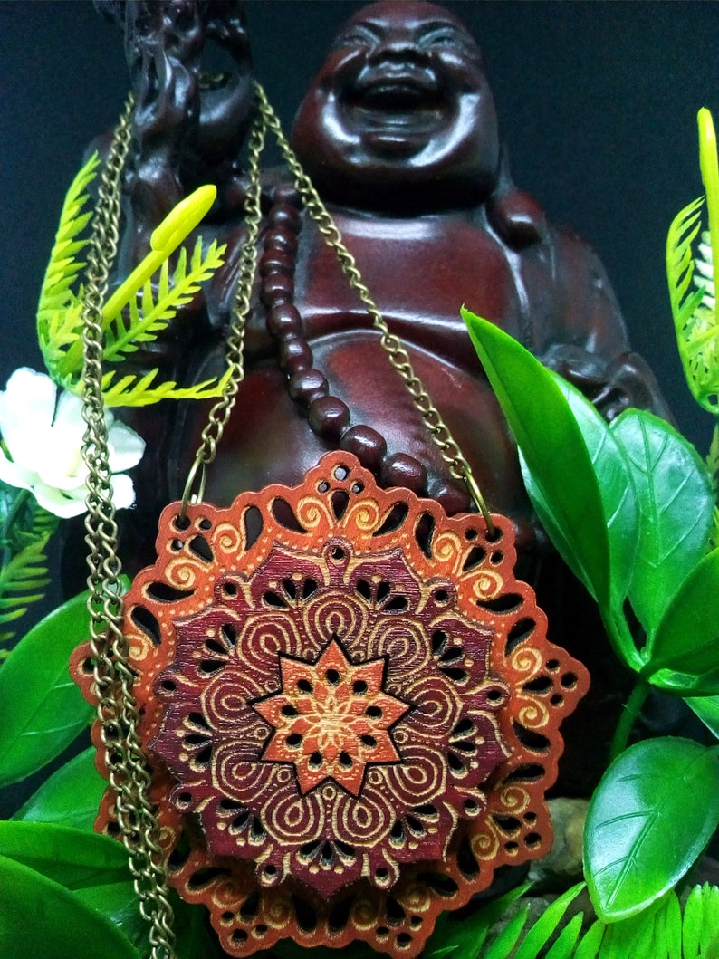 Mandala Bali Wood Mandala Necklace Laser Cut Necklace Pendant Boho Style Geometric Wood Art Flower Necklace