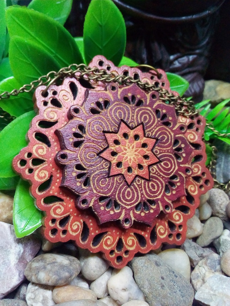 Mandala Bali Wood Mandala Necklace Laser Cut Necklace Pendant Boho Style Geometric Wood Art Flower Necklace