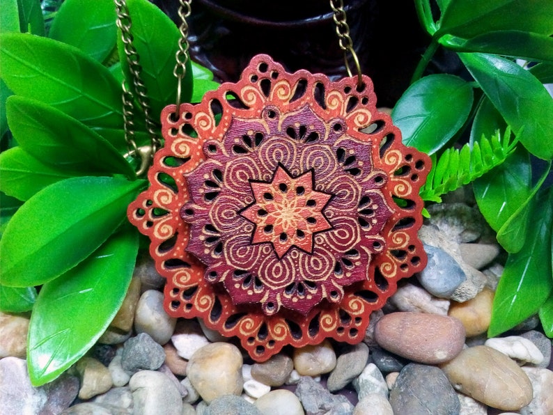 Mandala Bali Wood Mandala Necklace Laser Cut Necklace Pendant Boho Style Geometric Wood Art Flower Necklace