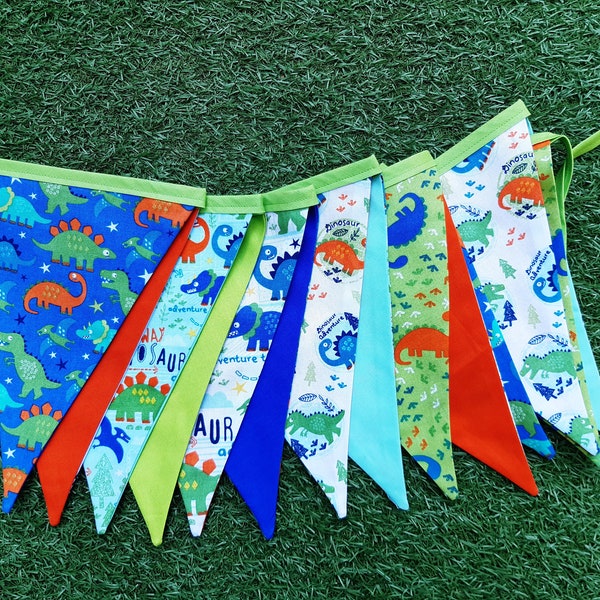 Nursery Blue, Green, Orange Dina Dinosaurs Design Handmade 14 Large Double-Sided Bunting Flags