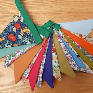 Liberty Handmade Fabric Bunting Red/Pink, Green/Blue & Orange/White Small Floral Design Prints 18 Double-Sided Small/Mini Flags