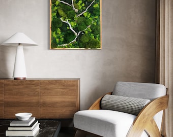 Large Preserved Moss Wall Art with Driftwood - Handmade Decor