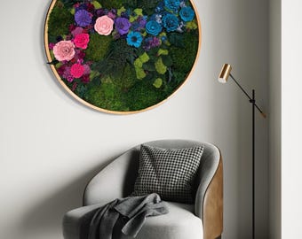 Round Moss Wall Art | Sola Wood Flower Wall  | Preserved Moss Art | Botanical Wall Decor | Custom Floral Wall Art | No Maintenance Decor