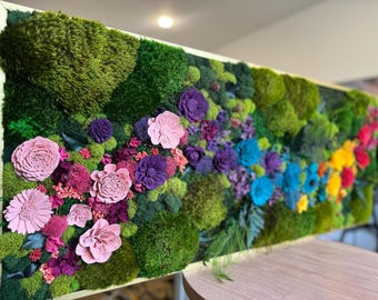 Floral Moss Wall Art: Preserved Moss, sola wood flowers, Hydrangeas, Home Decor