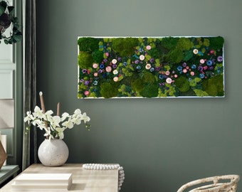 Floral Moss Wall Art. Moss Wall. Preserved Moss. Art Home Decor. Art with Flowers. Large home decor.