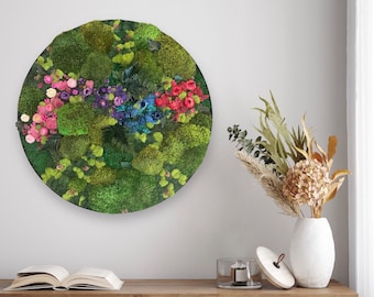 30” Round Moss Wall Art. Moss Wall. Preserved Moss. Wall Garden. Art Home Decor. Art with Flowers. Large home decor.