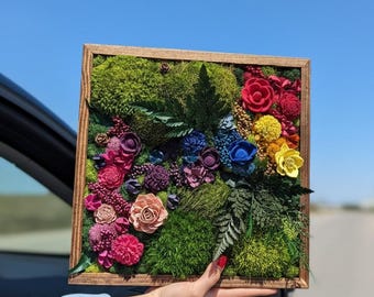 Custom Moss Wall Art with Sola Flowers & Hydrangeas - Large Green Wall Decor for Home and Office