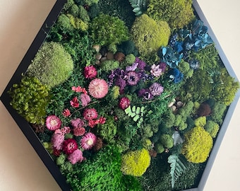 Moss Art. Hexagon with Flowers. Moss Wall Art. Collage Art. Wall Collage. Moss Art.