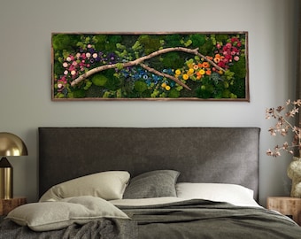 Moss Wall Art. Moss Wall. Extra Large Art. Preserved Moss. Branch Art. Art Home Decor. Art with Flowers