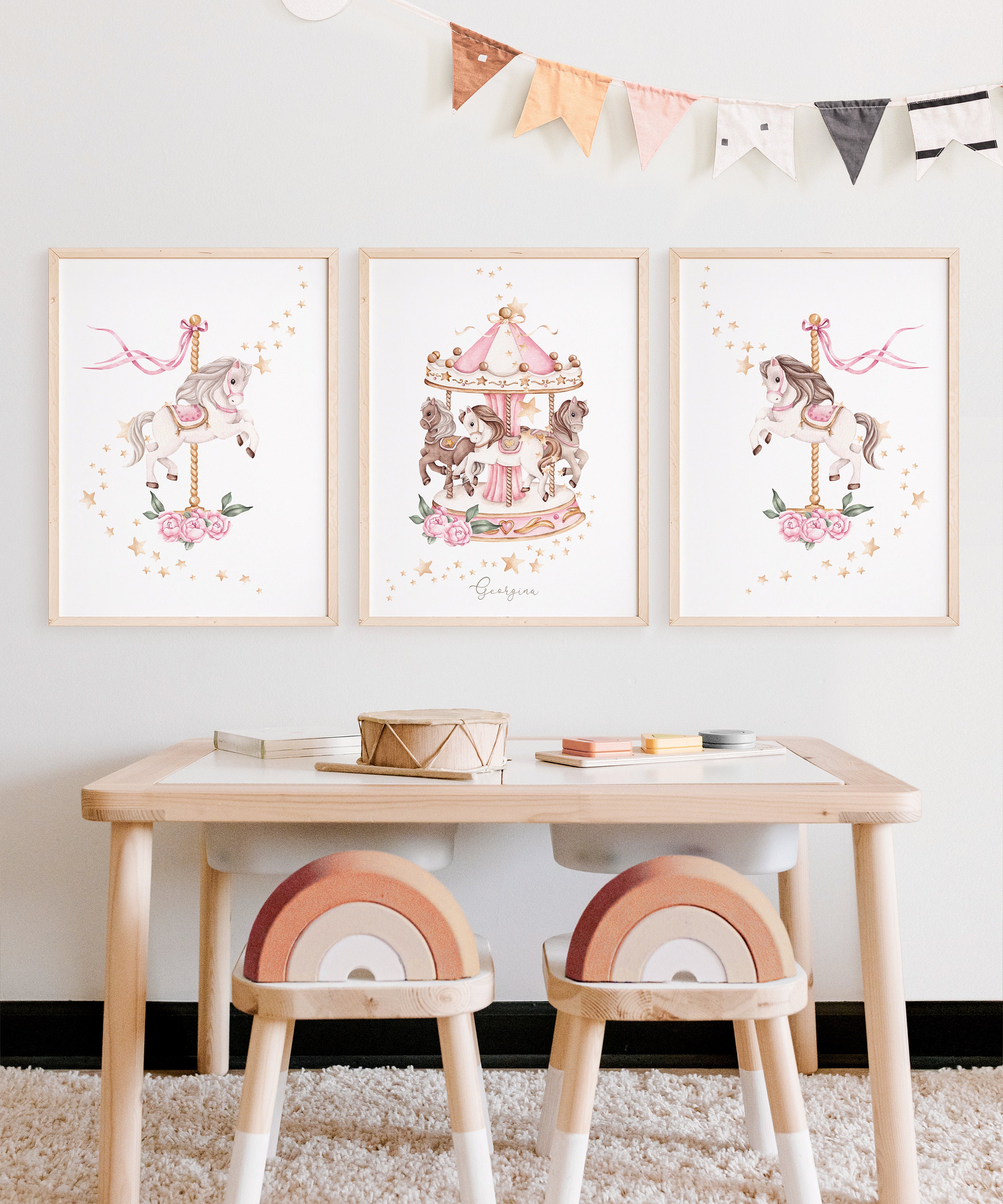 poster babyzimmer Wandbilder Kinderzimmer Poster 3er Set Babyzimmer Pferdekarussell