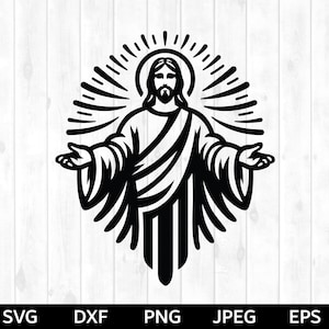 May include: Black and white silhouette of Jesus Christ with his arms outstretched, surrounded by a halo of light rays.