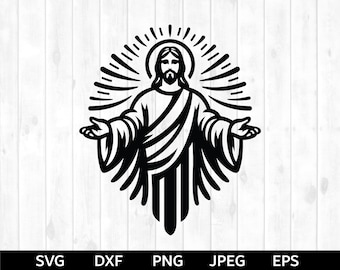 May include: Black and white silhouette of Jesus Christ with his arms outstretched, surrounded by a halo of light rays.