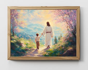 Jesus walking with boy, Walking with God, Jesus digital print, nursery wall art, Jesus painting, Christian printable wall art,